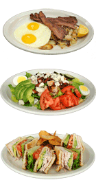Three photos of plates of food, bacon and eggs, chef salad, and club sandwich